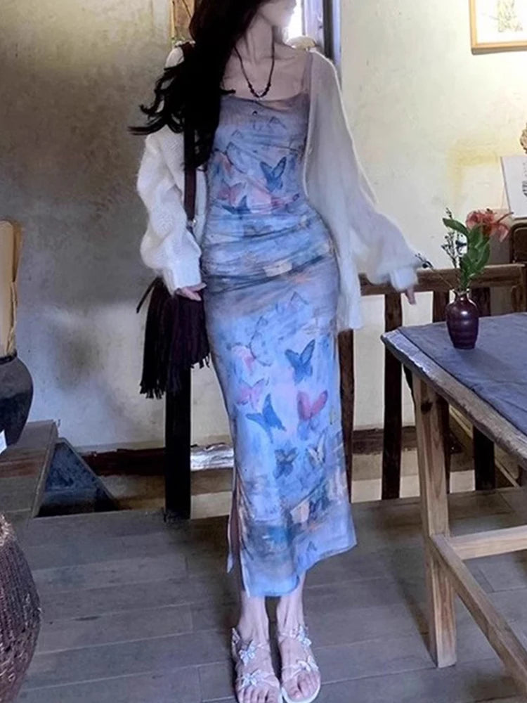 Summer Maxi Dress Preppy Style Butterfly Print Sleeveless Strap Dresses Clubwear Party Dresses