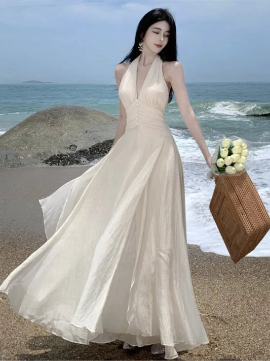 Summer Sleeveless Halter Long White Maxi Dress Tight Waist Vneck Beach Dress Robes Du Soir Evening Dresses Wedding Prom