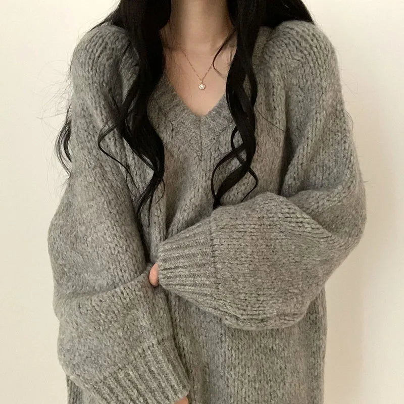 Autumn Winter Knitted Sweaters Korean Oversized Simple V Neck Pullover Harajuku Puff Sleeves Jumpers Fc8557