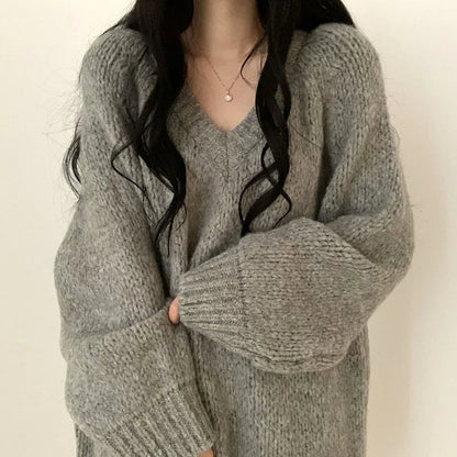 Autumn Winter Knitted Sweaters Korean Oversized Simple V Neck Pullover Harajuku Puff Sleeves Jumpers Fc8557
