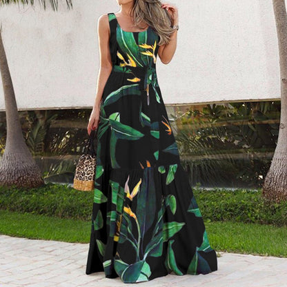 Summer Flower Print Sleeveless Long Dresses Vacation Style Dress O Neck High Waist Leace-up Maxi Vestidos