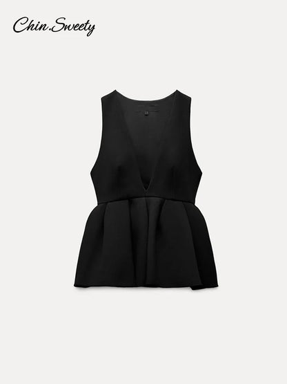 Black Pant Suit V-neck Sleeveless Ruffles Tank Tops Loose Trouser Female 2 Pieces Lady Outfits New