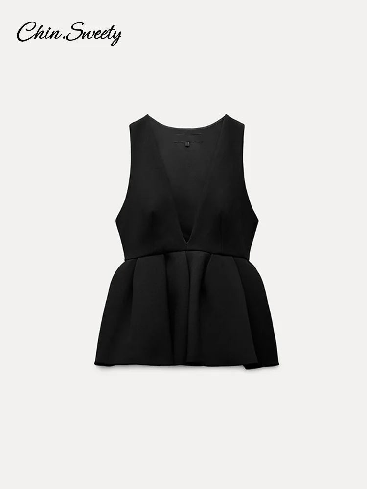 Black Pant Suit V-neck Sleeveless Ruffles Tank Tops Loose Trouser Female 2 Pieces Lady Outfits New