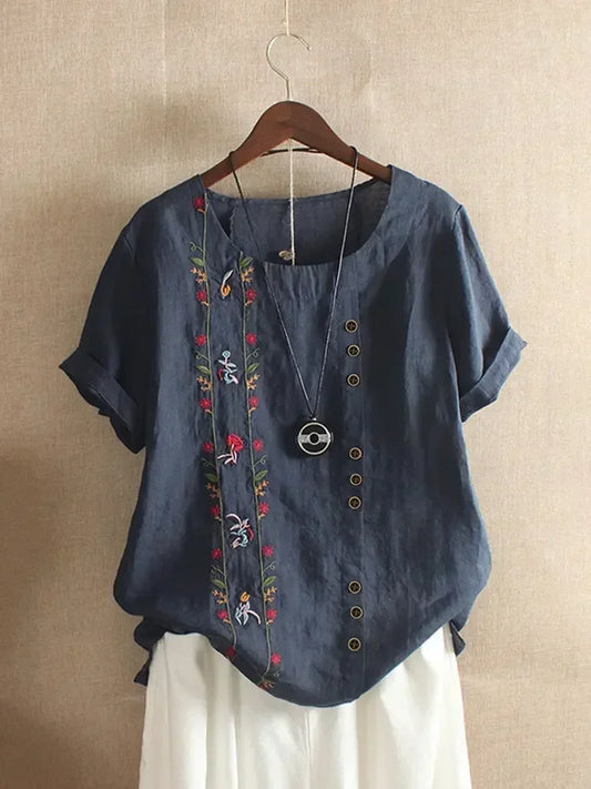 Flower Embroidery Cotton Linen Shirt Summer O-neck Short Sleeve White Pullover Top Street Blouse