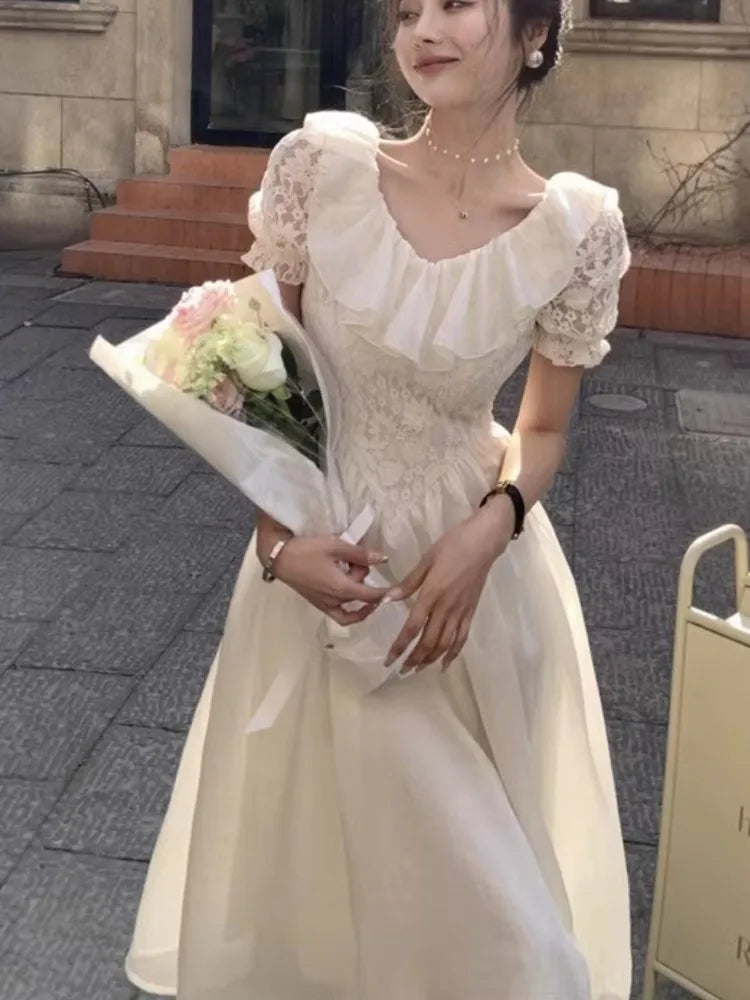 New Summer Off Shoulder Midi Dress Lace Patchwork Ruffles Aline Party Dresses Prom Robe Vestido