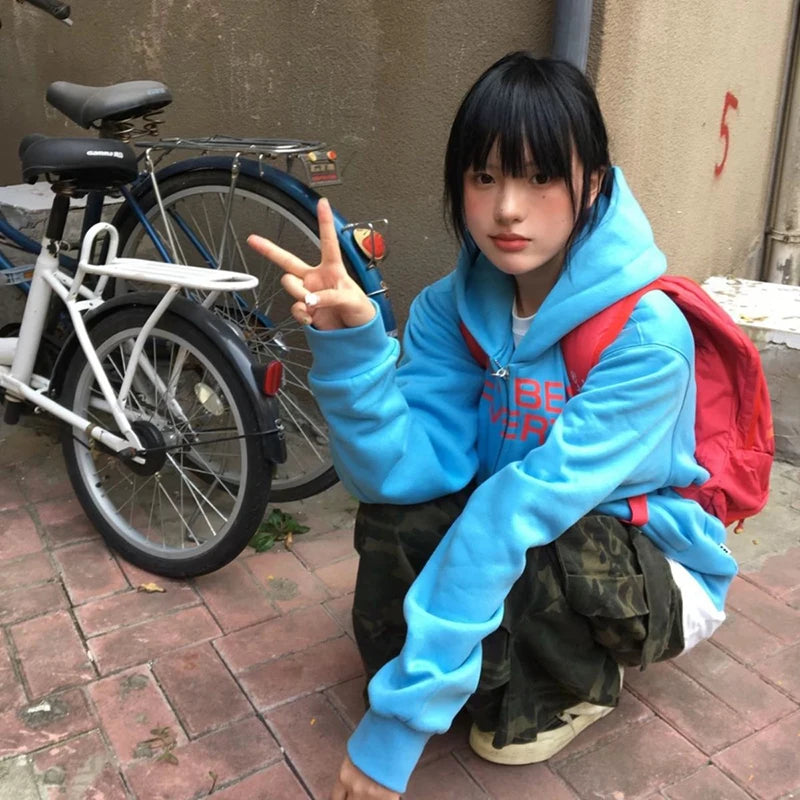 Y2k Letter Print Hoodies Sweatshirt Korean Cotton Zipper Loose Jacket New Harajuku Tops