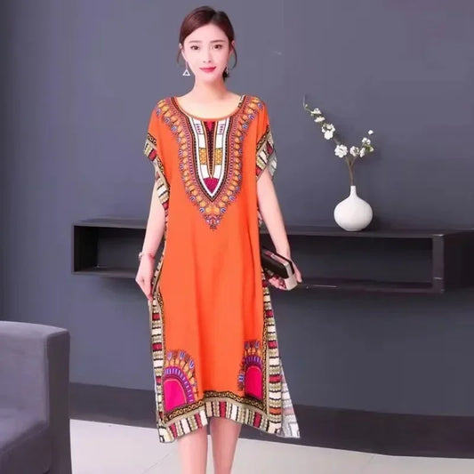 National Style Leisure Holiday Beach Printed Poker Indonesia O-neck Loose Midi Dress Pajamas Loungewear Woman