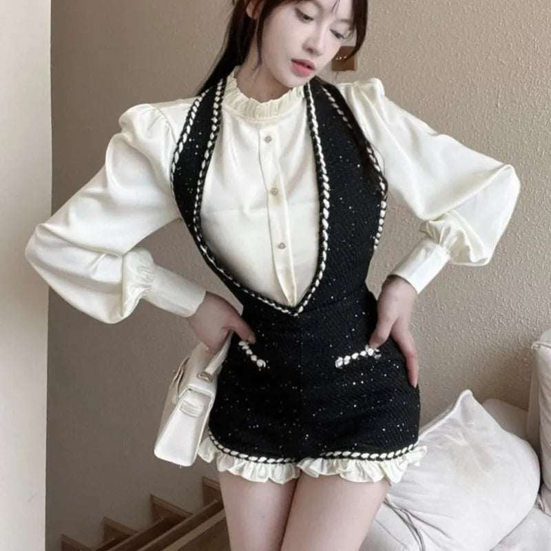 French Two-piece Set Ruffles O-neck Shirt Tweed Halter Short Overalls Autumn Y2k Outfits New