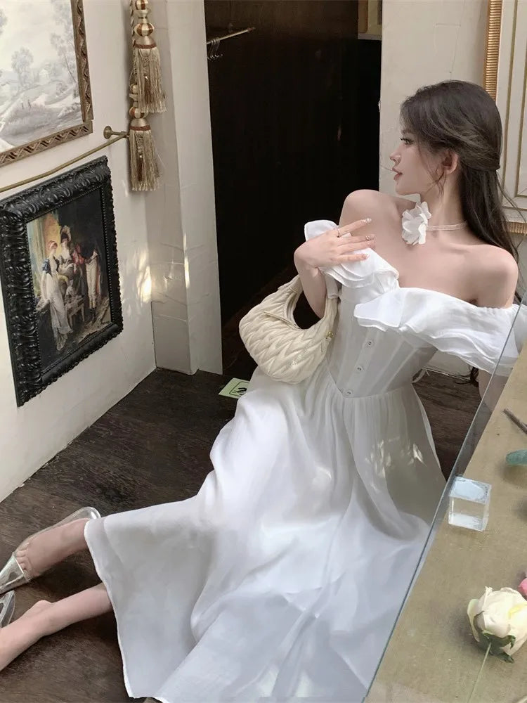 France Slim Ruffles Midi Dresses Summer Princess Evening Party Prom Dress Off Shoulder Aline Vastidos