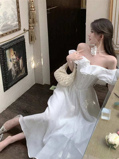 France Slim Ruffles Midi Dresses Summer Princess Evening Party Prom Dress Off Shoulder Aline Vastidos