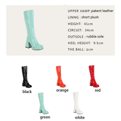 Mint Green White Patent Leather Knee High Boots Square High Heels Waterproof Platform Party Fetish Shoes 42 43