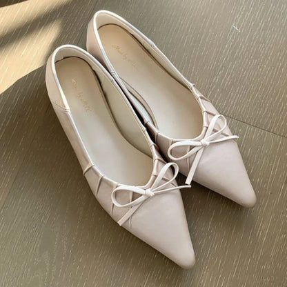 Satin Pleated Bow Flat Shoes Pointed Toe Brand Design Party Dress Shoes Comfortable Shallow Pumps
