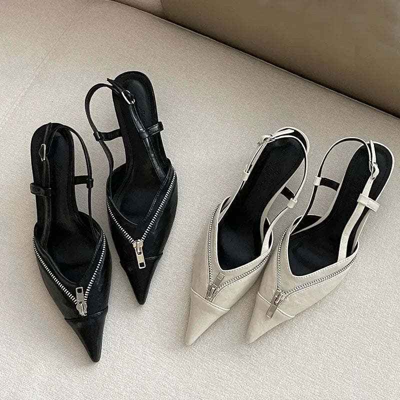 Pointed Toe Mules Pump Zip Design Slingbacks High Heels Female Footwear Summer Brand Shoes