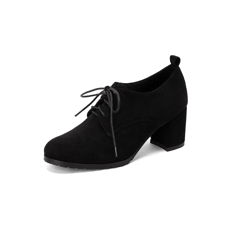 Spring New Retro Pumps Classics Flock Lace Up Office Round Toe Block High Heel Shoes Female Size 3343 Black Brown