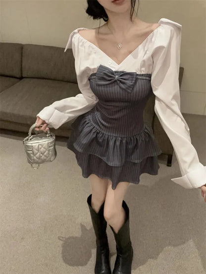 Mini Dresses Patchwork Bow Slim Slash Neck Long Sleeve Patchwork Party Dress