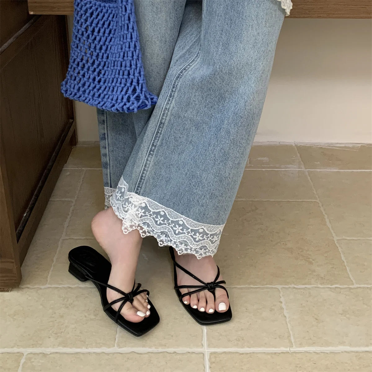 Rubber Flip Flops Leopard Shoes Summer Clogs Woman Crosstied Female Slippers Square Toe Slides Hawaiian Beach Soft Block L