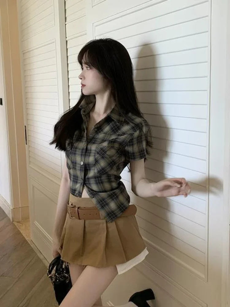 Plaid Short Sleeve Shirt American Retro Button Up Cardigan Blouse Female 90s Summer Cargo Slim Tops