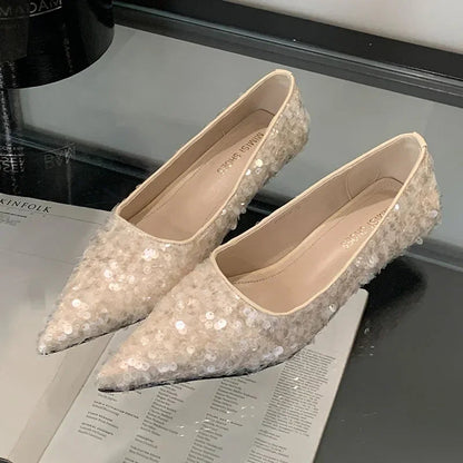 Bling Pumps Footwear Pointed Toe Shallow Low Heel Dress Shoes Female Comfort High Heels Zapatos De Mujer