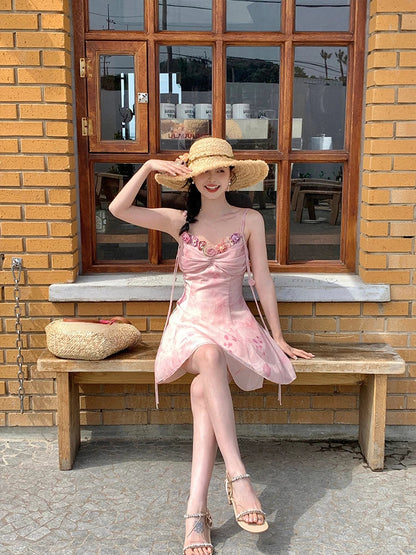 French Retro Chiffon Midi Dress Light Pink Printed Sleeveless Dress Beach Summer