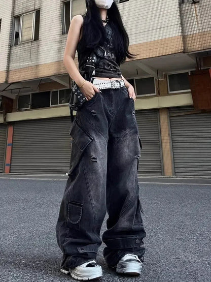 Black Ripped Cargo Jeans Hip Hop Harajuku Causal Loose Do Old Straight Wide Leg Denim Pants Y2k Mujer Trouser