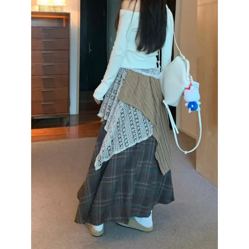 Contrast Color Patchwork Aline Skirt Spring New High Waist Hollow Loose Pleated Plaid Midlength Skirt