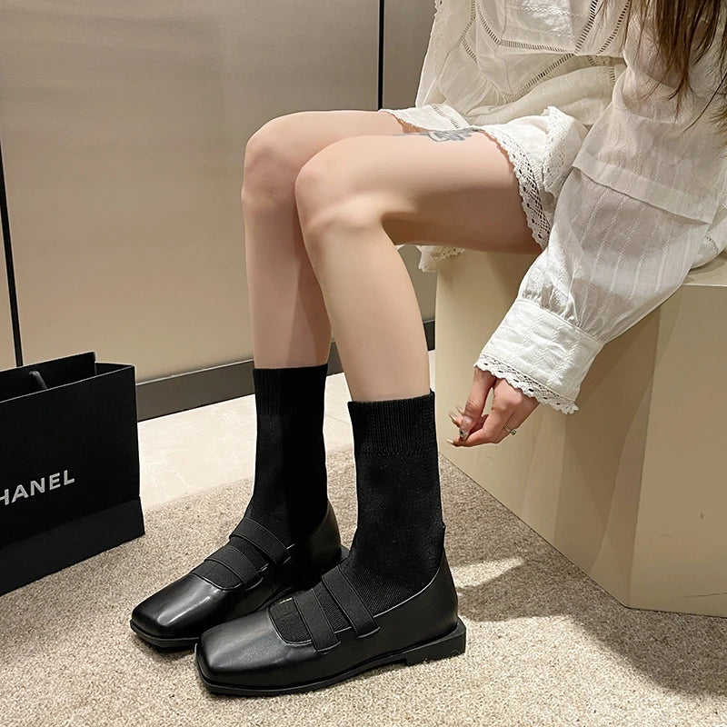 New Stylish Square Toe Knitted Sock Boots Autumn Winter Platform Boots Black Patent Leather Punk Goth Shoes