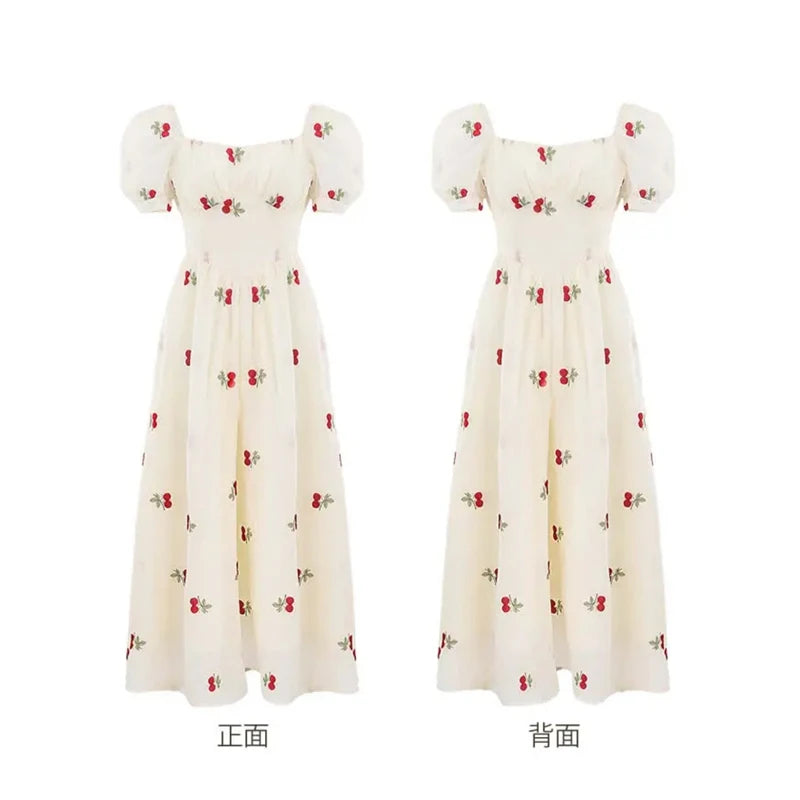 French Beige Cherry Print Evening Party Fairy Dresses Clothing Summer Vacation Short Sleeve Slim Long Dress