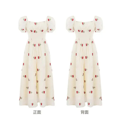 French Beige Cherry Print Evening Party Fairy Dresses Clothing Summer Vacation Short Sleeve Slim Long Dress