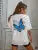 Art Word and Blue Butterfly Printed T-shirt Cotton Short Sleeve Breathable Summer T Shirt Street Clothing