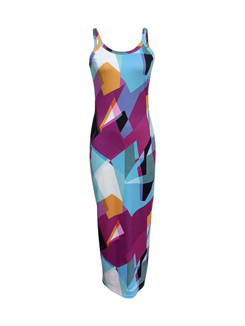 Color Tie Dye Print Spaghetti Strap Long Dresses Package Hip Bodycon Dress Female Club Vestidos