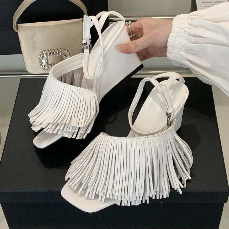 Tassels Designer Wedge Sandals Open Toe Summer New Ankle Strap High Heels Female Dress Shoes Pumps