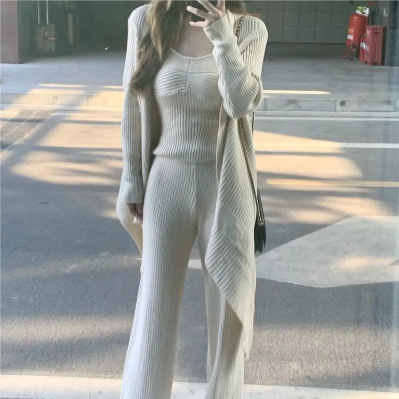 Autumn Winter Knitted 3-piece Set Tank Top Long Pants Cardigan Sweater Pullover Korean Outfits New