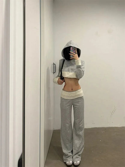 Korean Long Sleeve Hoodie Knitted Coat + Y2k Grunge High Waist Loose Wide Leg Pants Spring New Two Piece Sets