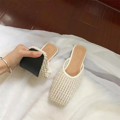 Shoes Slippers Soft Slides Slipers Cover Toe Low Loafers Fretwork Heels Comfort Flat Basic Fabric Rubber Cane Pu