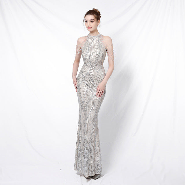 Halter Neck Sequined Evening Dresses Crystal Tassel Hip Skirt Sleeveless Rhinestone Decoration Long Dress