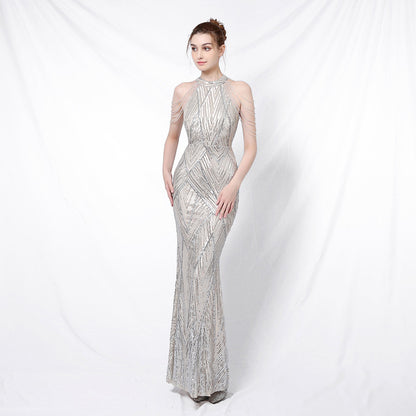 Halter Neck Sequined Evening Dresses Crystal Tassel Hip Skirt Sleeveless Rhinestone Decoration Long Dress