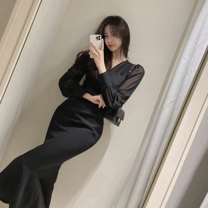 Autumn New Korean Bodycon Midi Dresses for Mesh Patchwork Long Sleeve Fishtail Office Lady Mermaid Party Dress