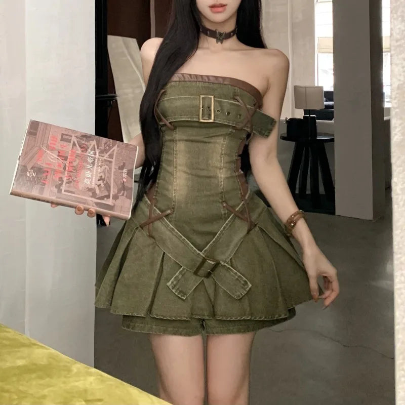 Pu Leather Stitching Denim Aline Mini Dress French Y2k Laceup Dress Korean Retro Clothing