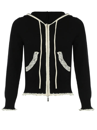 Lace Trim Pocket Patchwork Drawstring Hooded Slightly Thick Coat Y2k Zip Up Slim Sweater Autumn Winter Clothes