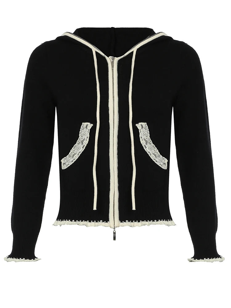 Lace Trim Pocket Patchwork Drawstring Hooded Slightly Thick Coat Y2k Zip Up Slim Sweater Autumn Winter Clothes