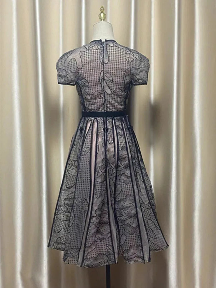Party Dress O Neck Short Sleeve Lace Mesh Embroidery Long Dresses for Spring Summer 8980