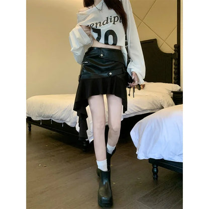 Faux Leather Splicing Pleated Mini Skirt Autumn New Color Asymmetric Aline Skirt