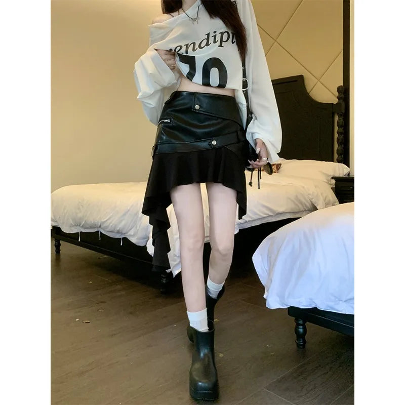 Faux Leather Splicing Pleated Mini Skirt Autumn New Color Asymmetric Aline Skirt