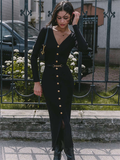 Autumn V-neck Knit Long Dress for Ribbed Patchwork Cardigan Slim Party Dress Female Knitwear Maxi Dress