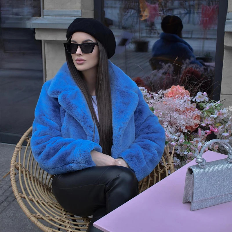 Ins Street Blue Cropped Plush Fur Coat Winter New Trend Faux Rabbit Fur Jacket Coats Short Outwear