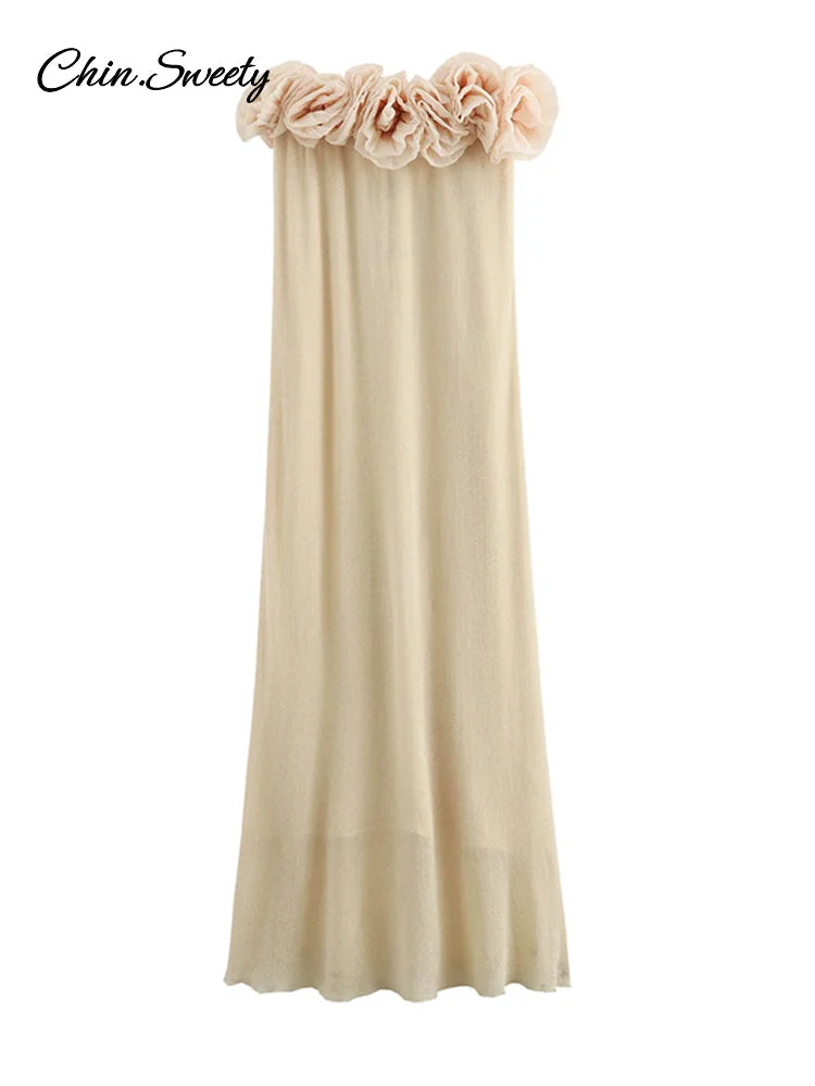 3d Flower Knit Long Dress Off Shoulder Backless Loose Party Beach Vacation Dresses Spring Lady Knitwear New