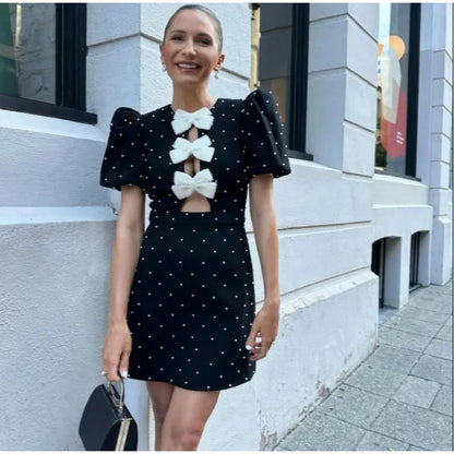 Bow Hollow Out Red Black Mini Dress Puff Sleeve Oneck Party Dresses Summer New Shinny Robe Vestidos