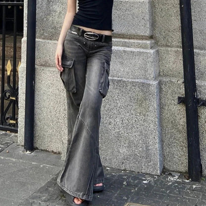 Distressed Washed Loose Cargo Jeans Spring New Korean Low Waist Pleated Denim Wide Leg Pants