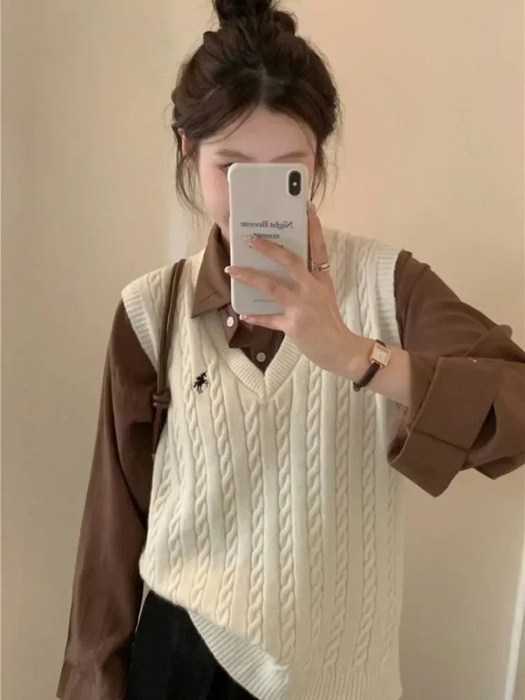 Sweater Cardigan Sleeveless Top Sweater Knitted Vest Commuter Style Clothes Preppy Look Autumn Winter Woolly