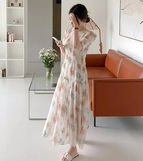 Kylethomasw Short Sleeve Chiffon Dress Print Elastic Waist White Dress Lady Summer Long Dresses for Vestido